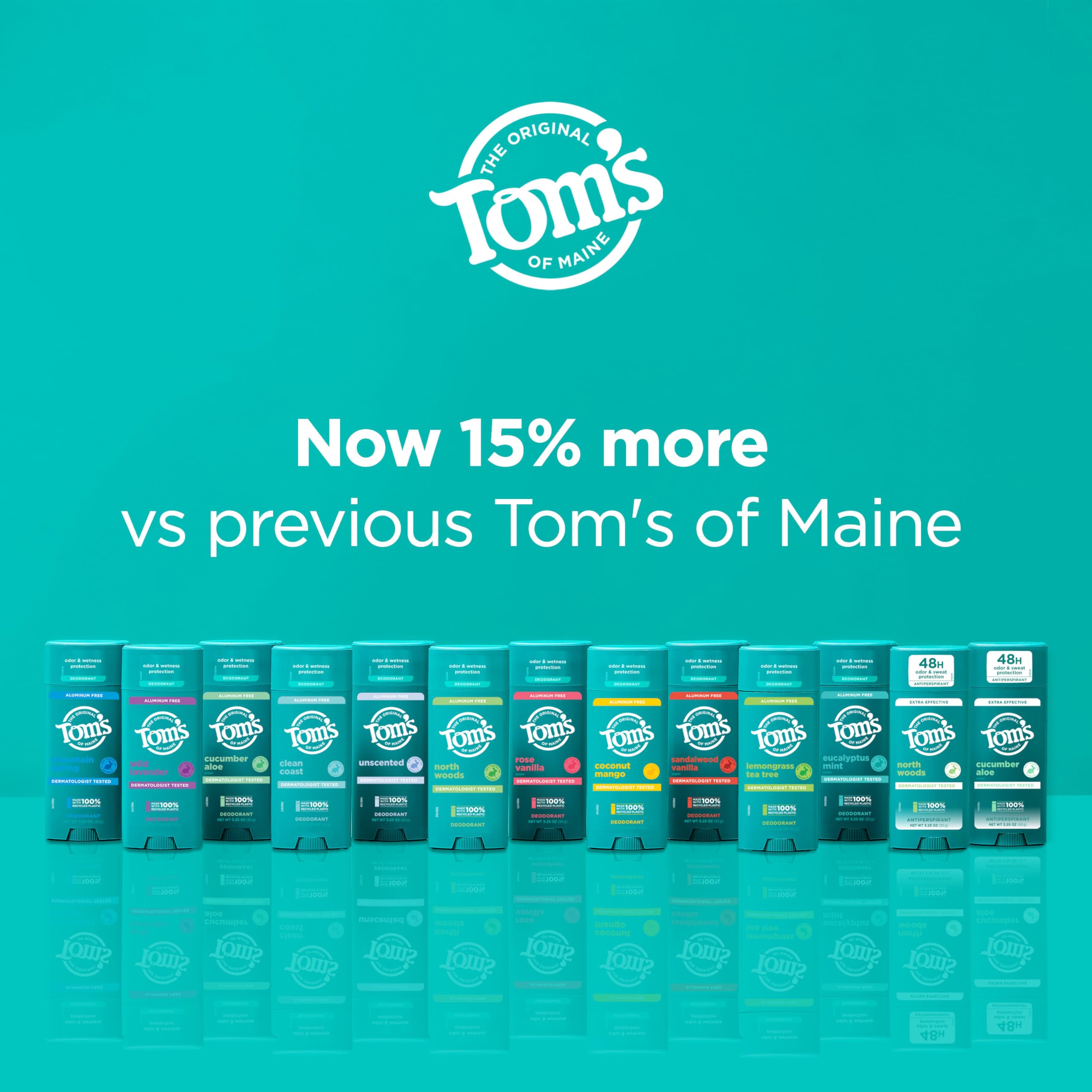 Tom’s of Maine Unscented Natural Deodorant for Women and Men, Aluminum Free, 3.25 oz, 2-Pack