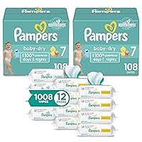 Pampers Baby Dry Disposable Baby Diapers Size 7, 2 Month Supply (2 x 108 Count) with Sensitive Water Based Baby Wipes 12X Multi Pack Pop-Top and Refill (1008 Count)