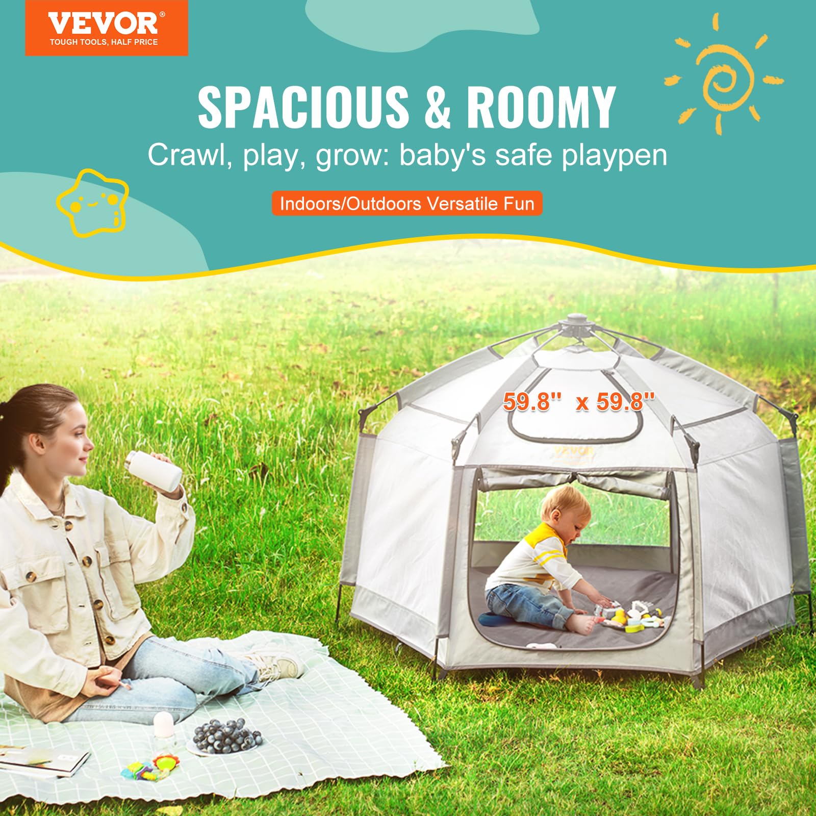 VEVOR Baby Playpen with Canopy, Indoor/Outdoor Portable Playpen for Babies and Toddler, Lightweight & Foldable, Pop Up Toddler Play Yard with 3 Sun-Shades & Travel Bag for Park Beach Home, 59.8