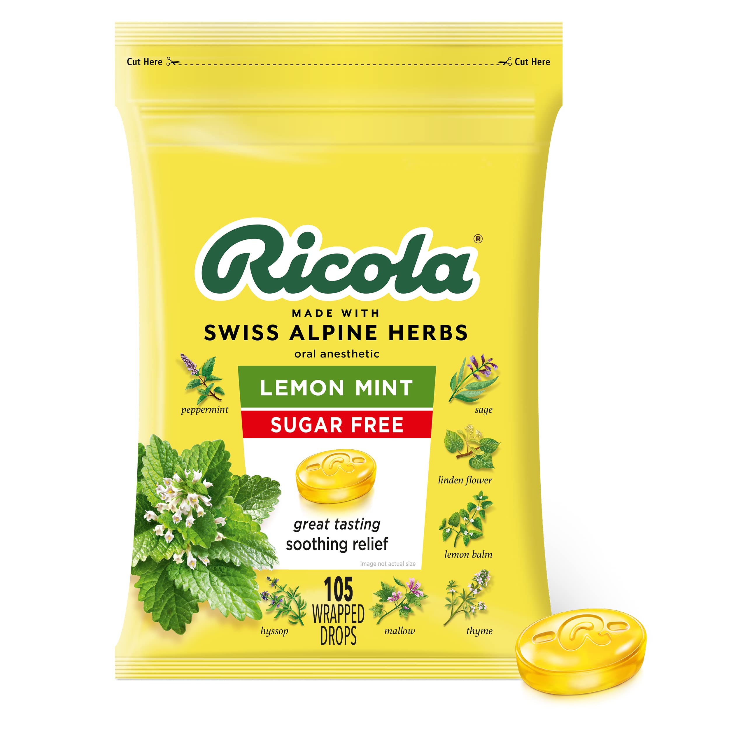 Ricola Sugar Free Lemon Mint Herbal Cough Suppressant Throat Drops, 105ct Bag