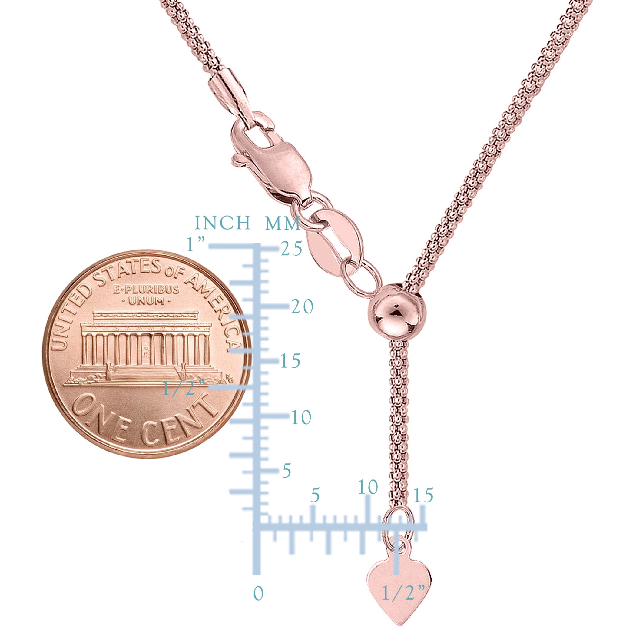 14k Rose Gold Adjustable Popcorn Link Chain Necklace, 1.3mm, 22