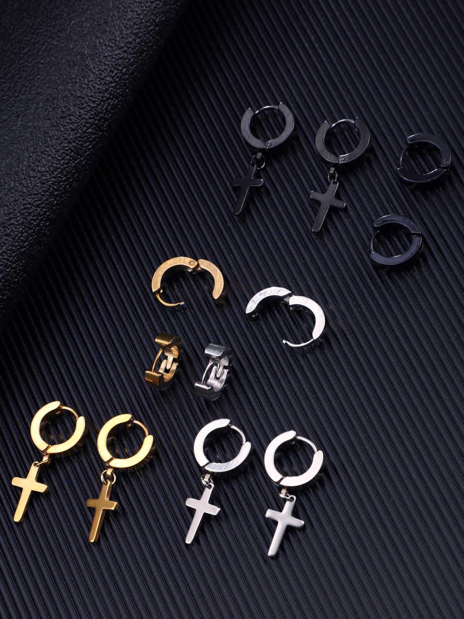 6 Pairs of Cross Earrings Dangle Hinged Stainless Steel Hoop and Stud for Men Women Wearing (Style Set 1)