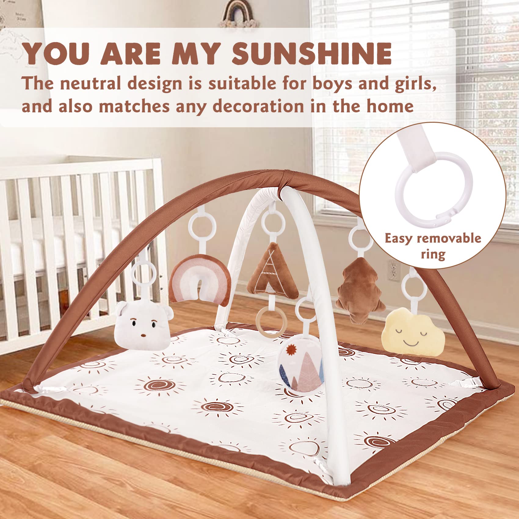 Large Washable Baby Gym Activity Center with Sunshine Play Mat, Visual, Hearing, Touch, Cognitive Early Development Playmats, 6 Toys for Infant & Toddler, Larger, Non Slip Mat