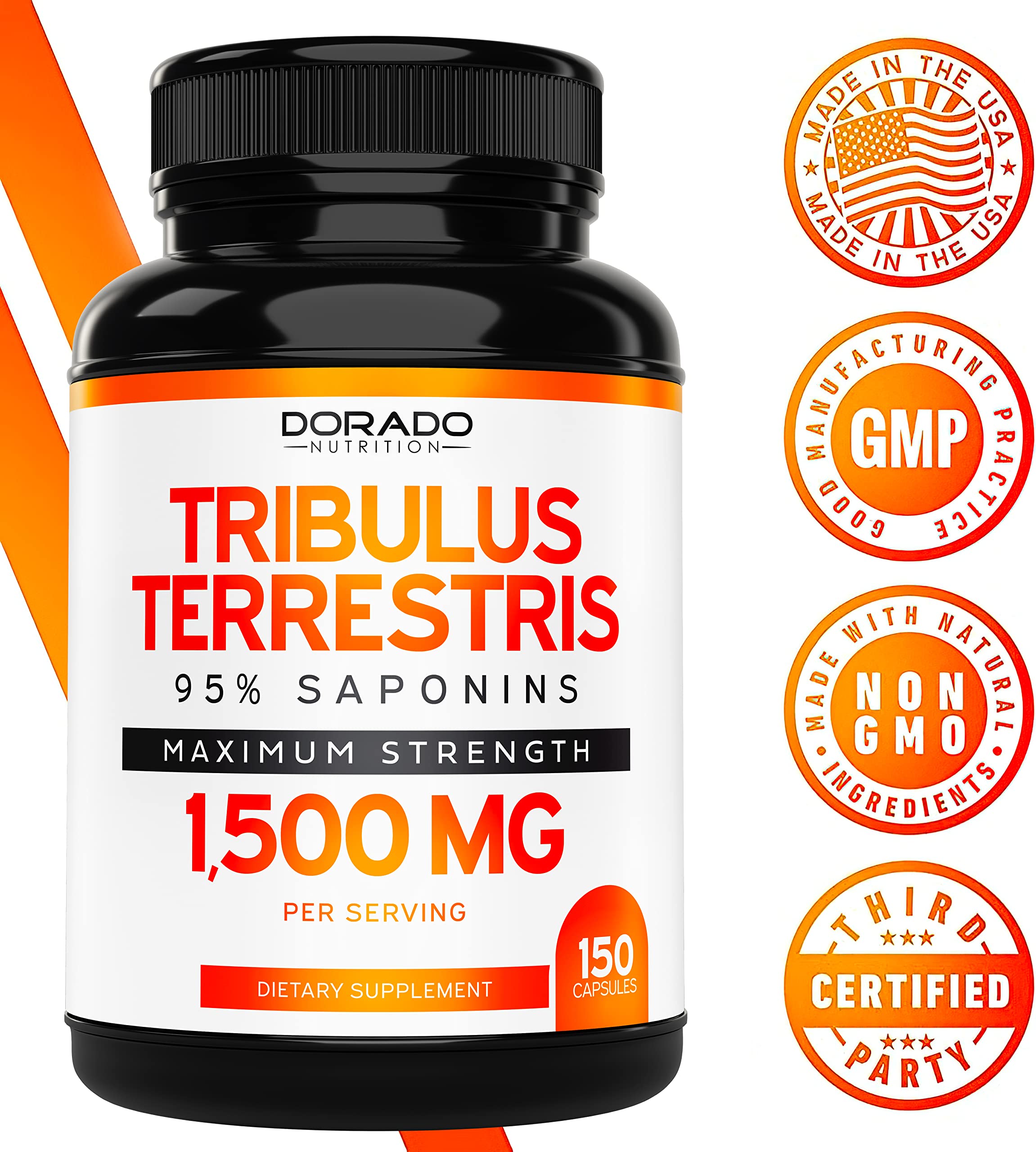 Tribulus Terrestris for Men 1500mg (Purest 95% Saponin Content) 150 Capsules, Concentrated Natural Fruit Extract (Third Party Tested, Manufactured in The USA) for Stamina and Energy - Vegan & Non GMO