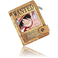 Anime Luffy Wallets for Boys Bi-Fold Short Faux Leather Wallet Travel Slim Wallet with Zip Coin Pocket Khaki