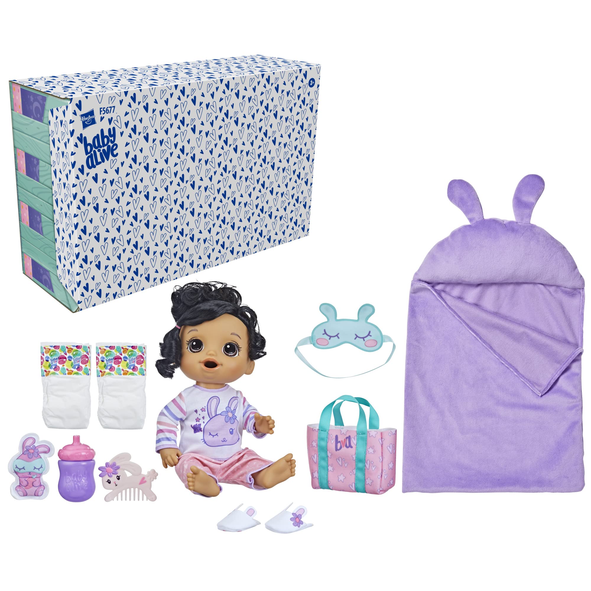 Baby Alive Bunny Sleepover Baby Doll, Bedtime-Themed 12-Inch Dolls, Sleeping Bag & Bunny-Themed Doll Accessories, Toys for 3 Year Old Girls and Boys and Up, Brown Hair (Amazon Exclusive)