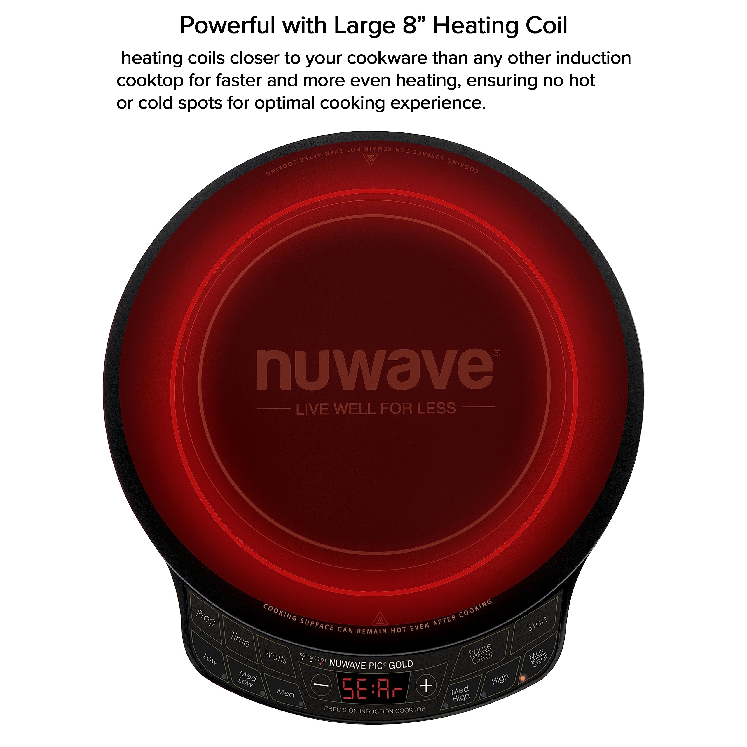 Nuwave Precision Induction Cooktop Gold, 12” Shatter-Proof Ceramic Glass Surface, Large 8” Heating Coil, Portable, 51Temp Settings 100°F to 575°F, 3 Wattage Settings 600, 900, and 1500 Watts