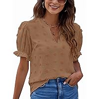 Blooming Jelly Womens Puff Sleeve Summer Tops Chiffon Short Sleeve Blouses White V Neck Pom Pom Shirts