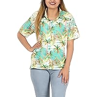 HAPPY BAY Button Down Shirt for Women Summer Cotton Linen Effect Tropical Vacation Button Up Casual Shirt Short Sleeve Tops Holidays Dressy Blouses for Women M Teal, Beach