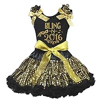 Petitebella New Year Dress Bling in 2016 Black Shirt Gold Sequins Skirt Set Girl Cloth 1-8y