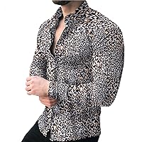 Mens Long Sleeve Dress Shirts Fashion Leopard Printed Casual Button Down Shirts Spread Collar Slim Fit Tees Tops