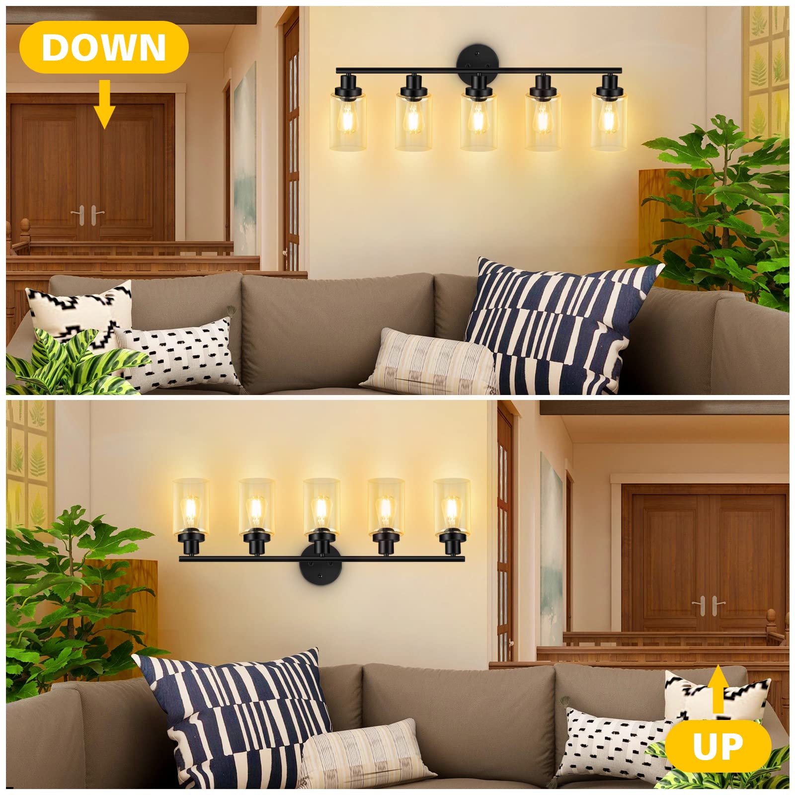 Unicozin Modern Matte Black 5 Lights Wall Lights, Wall Sconces Light with Clear Glass Shade, Vanity Light Fixtures for Bathroom, Living Room, Kitchen, Bedroom, E26 Base (Bulbs Not Included)