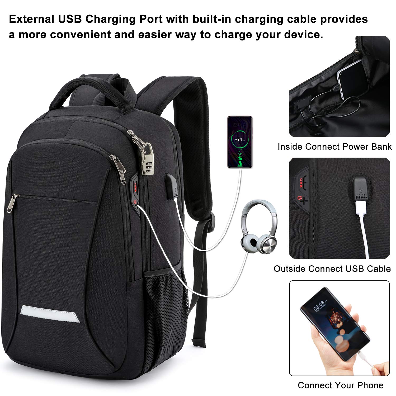 XQXA Travel Laptop Backpack, Business Backpack Anti-Theft with USB Charging Port and Password Lock, Durable Water Resistant Computer Bag Fit 15.6 Inch Laptops for Men Women Gift
