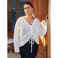 Casual Ladies Comfortable Plus Size Sweater Plus Pointelle Knit Drawstring Ruched Front Drop Shoulder Sweater Leisure Perfect Comfortable Eye-catching (Color : Beige, Size : X-Large)