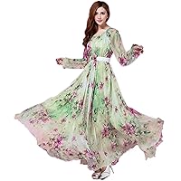 MedeShe Plus Size Long Sleeved Bohemia Floral Beach Dress Summer Casual Loose Dresses Lightweight Sexy Chiffon Sundress (Watery Green Floral, 4XL)