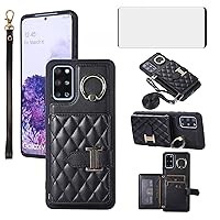 Phone Case for Samsung Galaxy S20 Plus S20+ 5G Wallet Cover with Screen Protector Ring Stand Credit Card Holder Slot Crossbody Strap Cell S20+5G S20plus 20S + S2O S 20 20+ G5 Women Girls Men Black