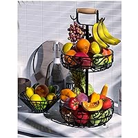 2-Tier Fruit Basket and Fruit Bowl - Fruit and Vegetable Storage with Banana Tree Hanger and Wood Handle, Fruit Basket for Kitchen Counter, for Bread Onions Potatoes Veggies Produce