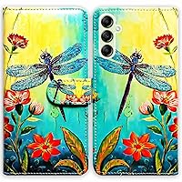 RFID Blocking Case for Samsung Galaxy A15 5G,Red Flower Blue Dragonfly Leather Flip Phone Case Wallet Cover with Card Slot Holder Kickstand for Samsung Galaxy A15 5G