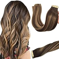 GOO GOO Tape in Hair Extensions Human Hair, 4/27/4 Balayage Chocolate Brown to Caramel Blonde, 12inch 40g 20pcs, Thick Ends Straight Seamless Tape in, Invisible Tape in Hair Extensions Human Hair