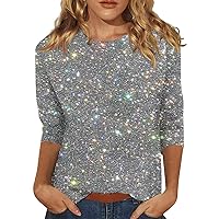 Womens 3/4 Sleeve Tops Crewneck Elegant Lightweight Blouses Loose Floral Going Out Shirts Plus Size Clothing