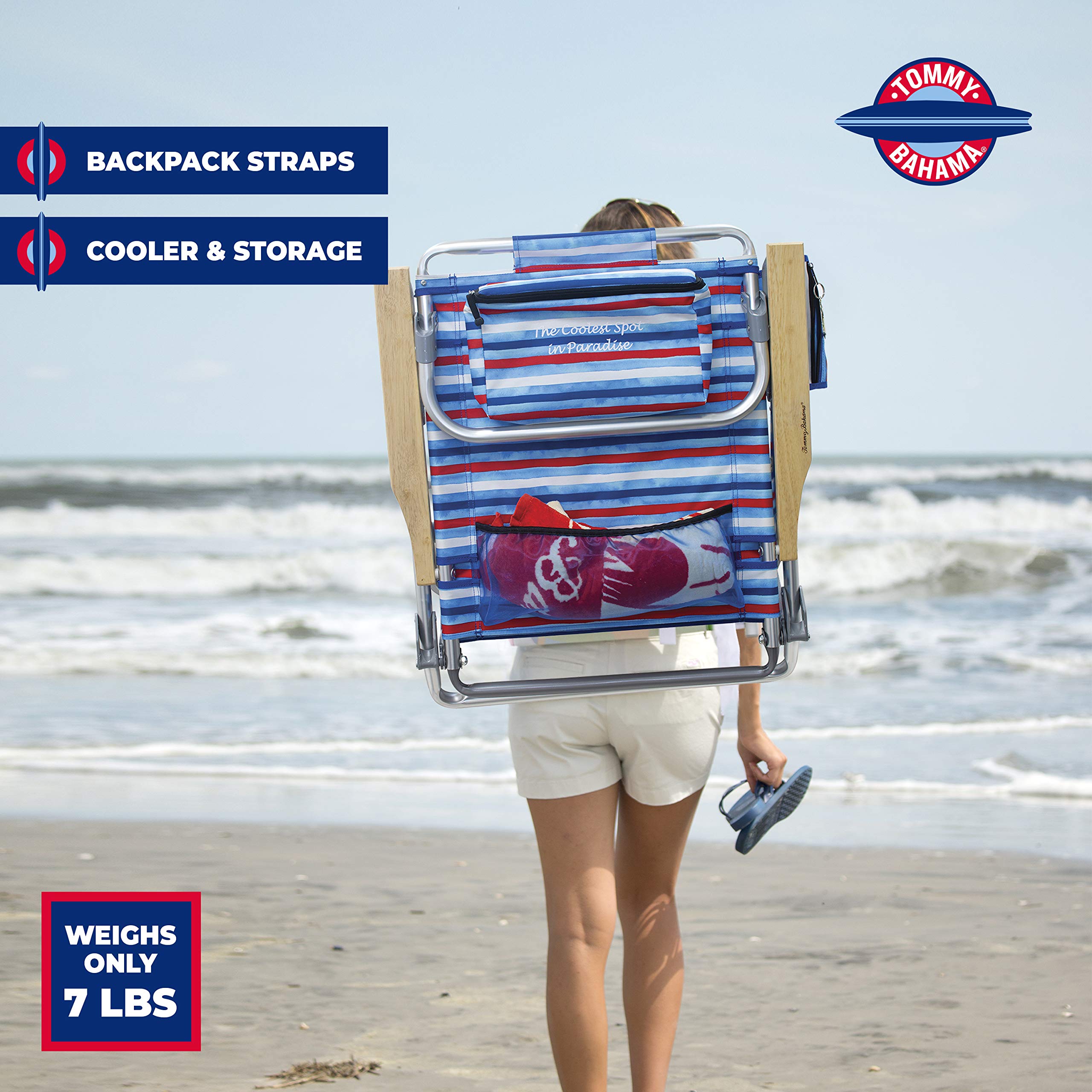 Tommy Bahama 5-Position Classic Lay Flat Folding Backpack Beach Chair, Aluminum , Red, White, and Blue Stripe