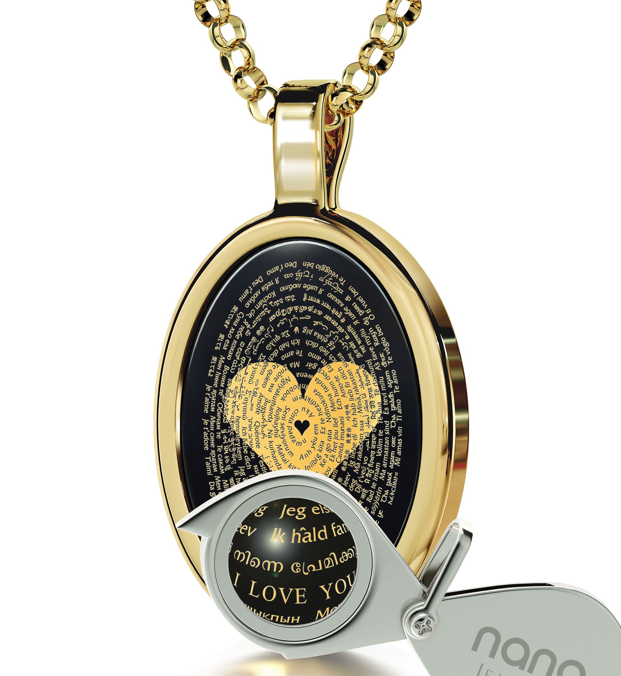 NanoStyle Love Jewelry Set I Love You Necklace in 120 Languages Pure Gold Inscribed in Miniature Text on Onyx Birthday Gift Pendant and Black Crystal Heart Dangle Earrings for Women, 18
