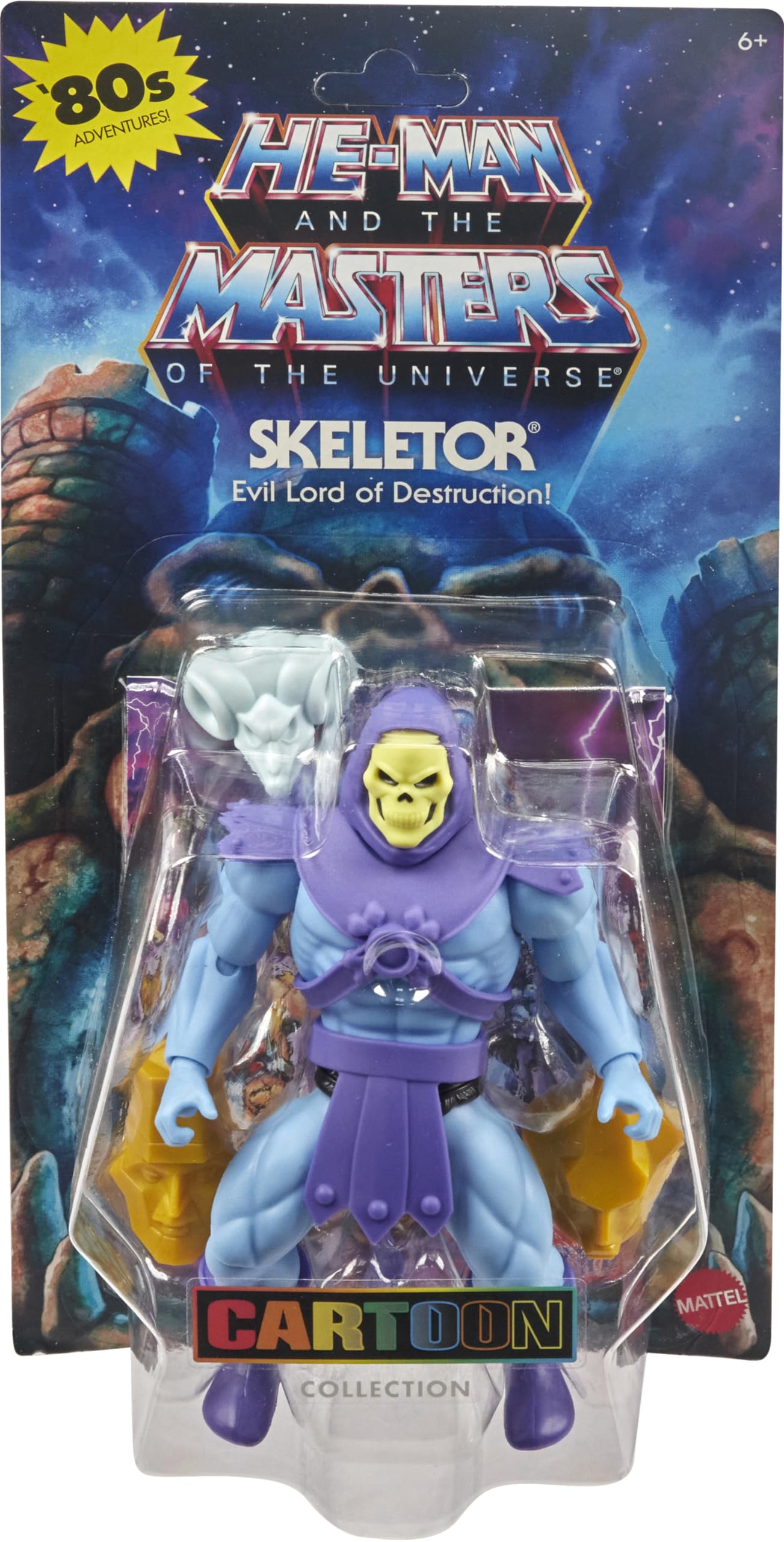 Masters of the Universe Origins Toy, Cartoon Collection Skeletor Action Figure, 5.5-inch Scale Villain with Armor, Staff, Sword & 2 Masks