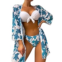 Swim Bra Tops for Women Blue White Contrast Leaf Print Hanging Neck Bow Tie Three Piece Suit