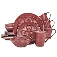 Elanze Designs Charming Chic Ribbed Modern Thrown Pottery Look Ceramic Stoneware Plate Platter Mug & Bowl Kitchen Dish Dinnerware 16 Piece Set - Service for 4, Red