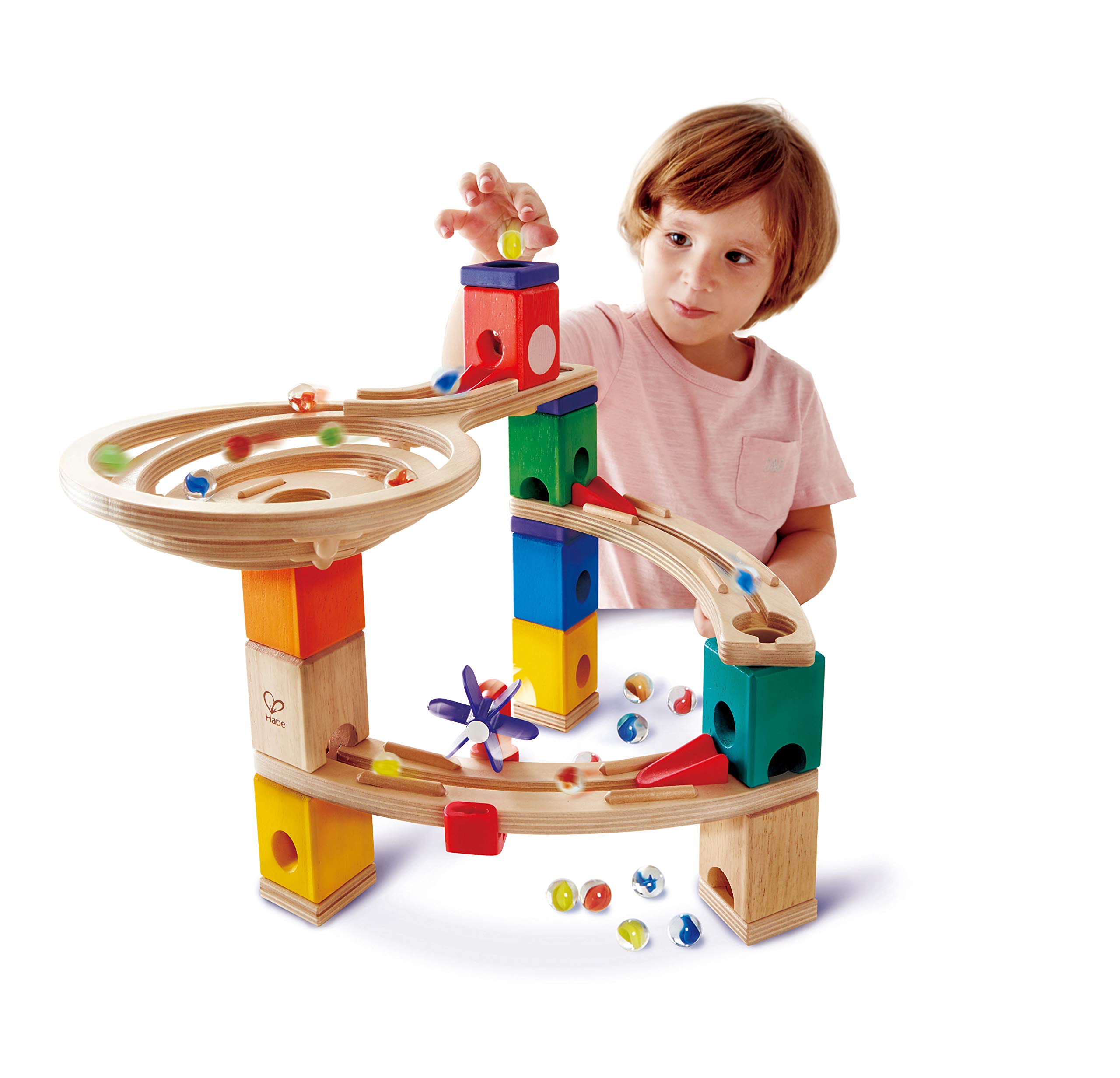 Hape Quadrilla Cliffhanger Wooden Marble Run Blocks | Marble Maze Run Set, Early Educational STEM Development Building Toys For Kids, Multicolor, Model:E6020