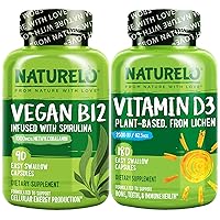 NATURELO Vitamin D - Plant Based from Lichen - 180 Mini Capsules, Vegan B12, 1000 mcg Methylcobalamin - 90 Capsules