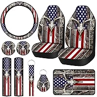 10 Pcs American Flag Wood Deer Skull Camo Car Accessories Set 4th of July Patriotic Car Seat Covers Steering Wheel Cover Keyring Car Cup Holder Armrest Pad Seat Belt Pads Wrist Strap for SUV Truck