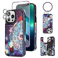 Wallet Case for iPhone 13 Pro MAX Case with Bracelet+ Screen Protector+ Camera Cover, with Credit Card Slot Holder Flip Folio Soft PU Leather Magnetic Closure Cover, Mandala