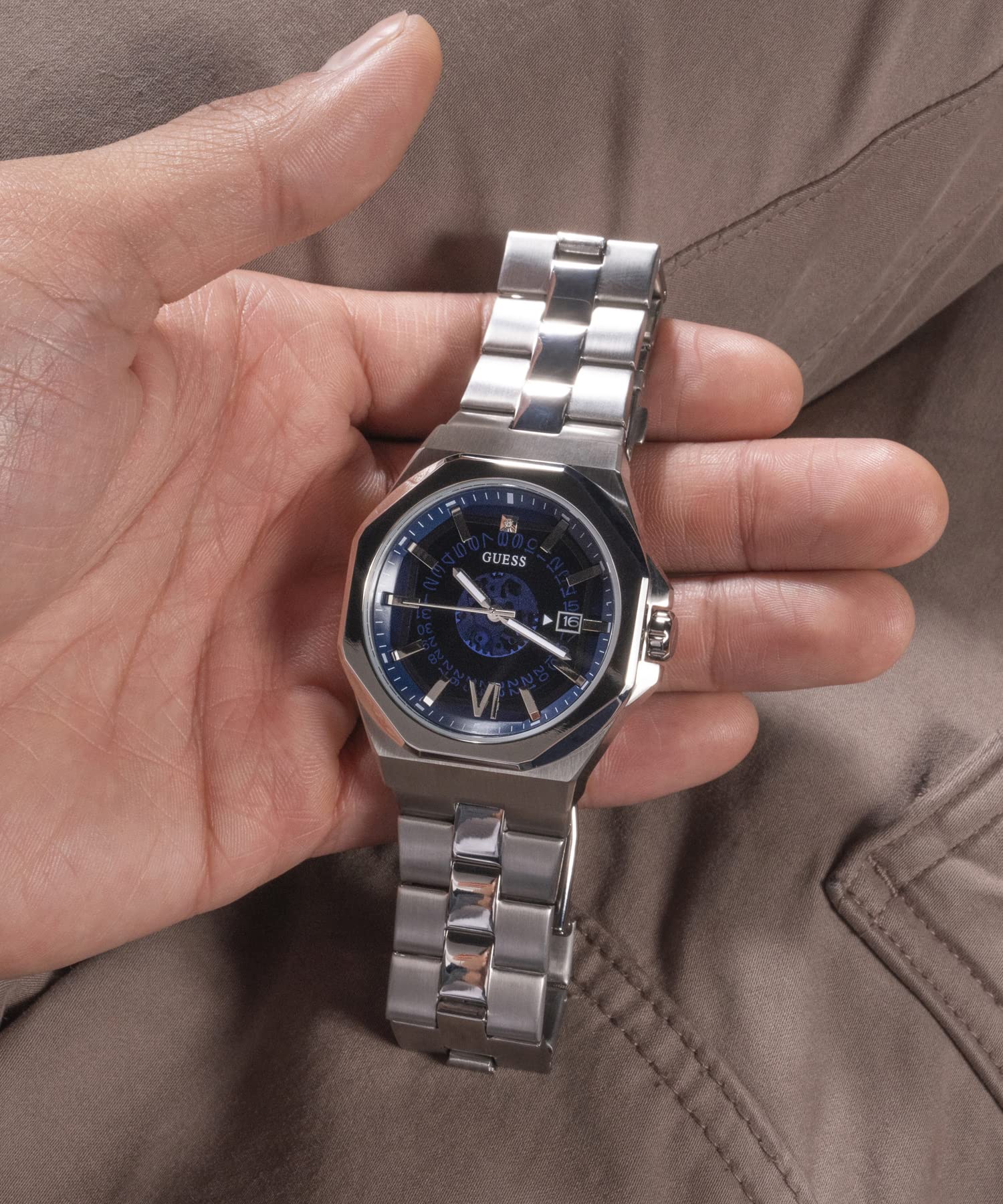 GUESS Men's 42mm Watch - Silver Tone Strap Blue Dial Silver Tone Case