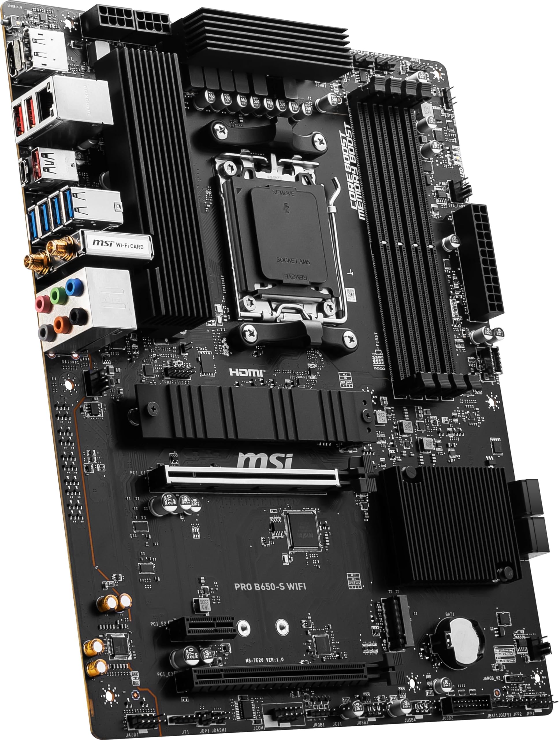 MSI PRO B650-S WiFi ProSeries Motherboard (Supports AMD Ryzen 7000 Series Processors, AM5, DDR5, PCIe 4.0, M.2 Slots, SATA 6Gb/s, USB 3.2 Gen 2, HDMI/DP, Wi-Fi 6E, 2.5Gbps LAN, ATX)