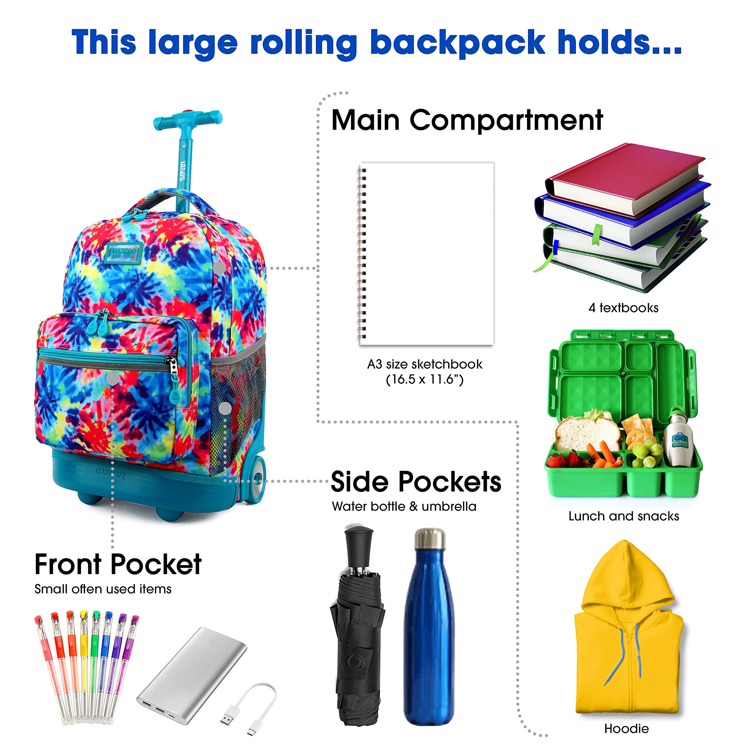 J World New York Sunrise Kids Rolling Backpack for Girls Boys Teen. Roller Bookbag with Wheels, Tie Dye, 18