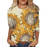 Fall Fashion 2024 for Women 3/4 Sleeve Shirt Casual Retro Round Neck Pullover Blouse Loose Fit Printed Top