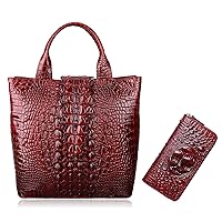 PIJUSHI Top Handle Satchel Handbags Crocodile Bag Designer Purse Leather Tote Bags Bundle with Wristlet Wallet For Women Crocodile Leather Wallet Ladies Clutch Purses