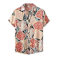 Men's Business Casual Shirt Vacation Beach Print Top Cotton Linen Short Sleeve Floral Shirt Shirts for Men