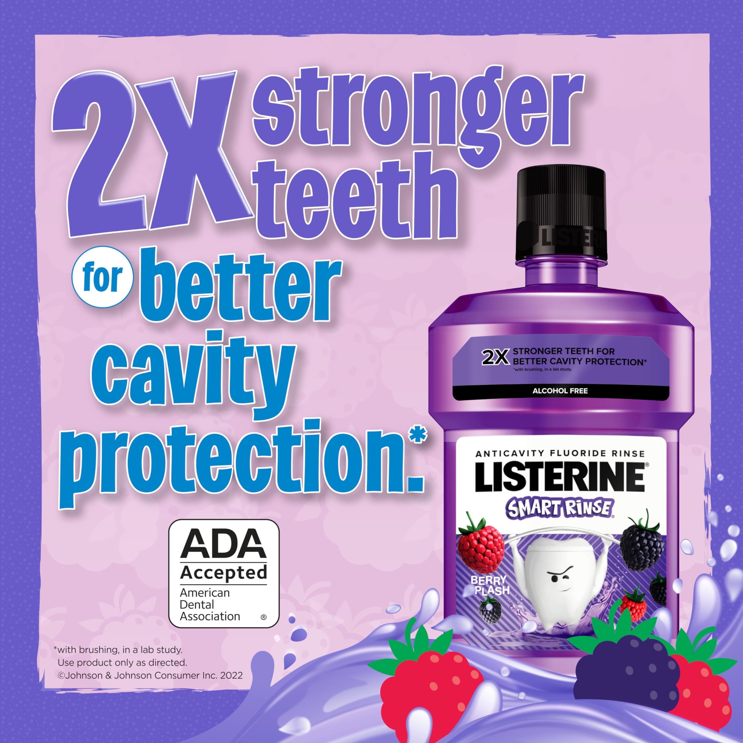 Listerine Smart Rinse Kids Mouthwash, ADA Accepted, Alcohol-Free Anticavity Fluoride Mouthwash, Oral Rinse for Cavity Protection, Berry Splash Flavor for Kids Oral Care, 500 mL