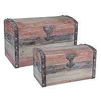 Wooden Storage Trunk Set, Large and Small Domed Chest, Weathered Wood with Paint Finish, Hinged Lid with Metal Accents