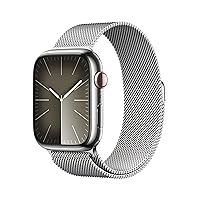 Apple Watch Series 9 [GPS + Cellular 45mm] Smartwatch with Silver Stainless Steel Case with Silver Milanese Loop. Fitness Tracker, Blood Oxygen & ECG Apps, Always-On Retina Display