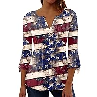 Tunic Tops for Women Independence Day Crewneck Casual Buttons Pleated 3/4 Beach Hawaiian Shirt Blouse