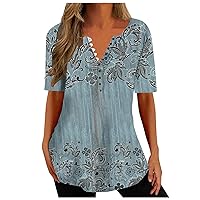 Womens Summer Tops Trendy Buttons Up V Neck T Shirts Short Sleeve Dressy Causal Hawaiian Henley Shirts Loose Fit Blouses