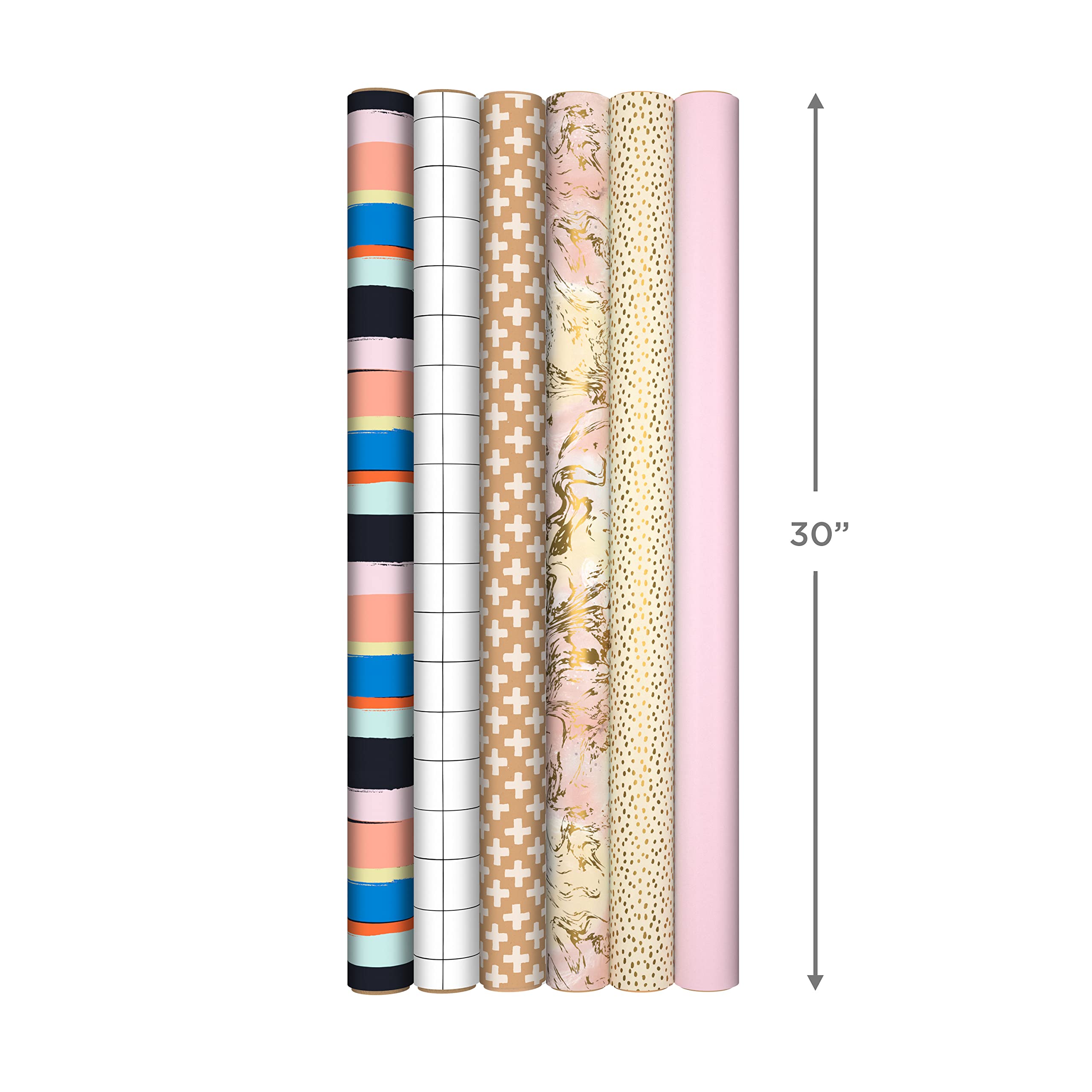 Hallmark Wrapping Paper with Cutlines on Reverse (6 Rolls: 135 Square Feet Total) Pink, Gold, Stripes, Kraft Brown, Black and White Plaid for Birthdays, Baby Showers, Bridal Showers, Mother's Day