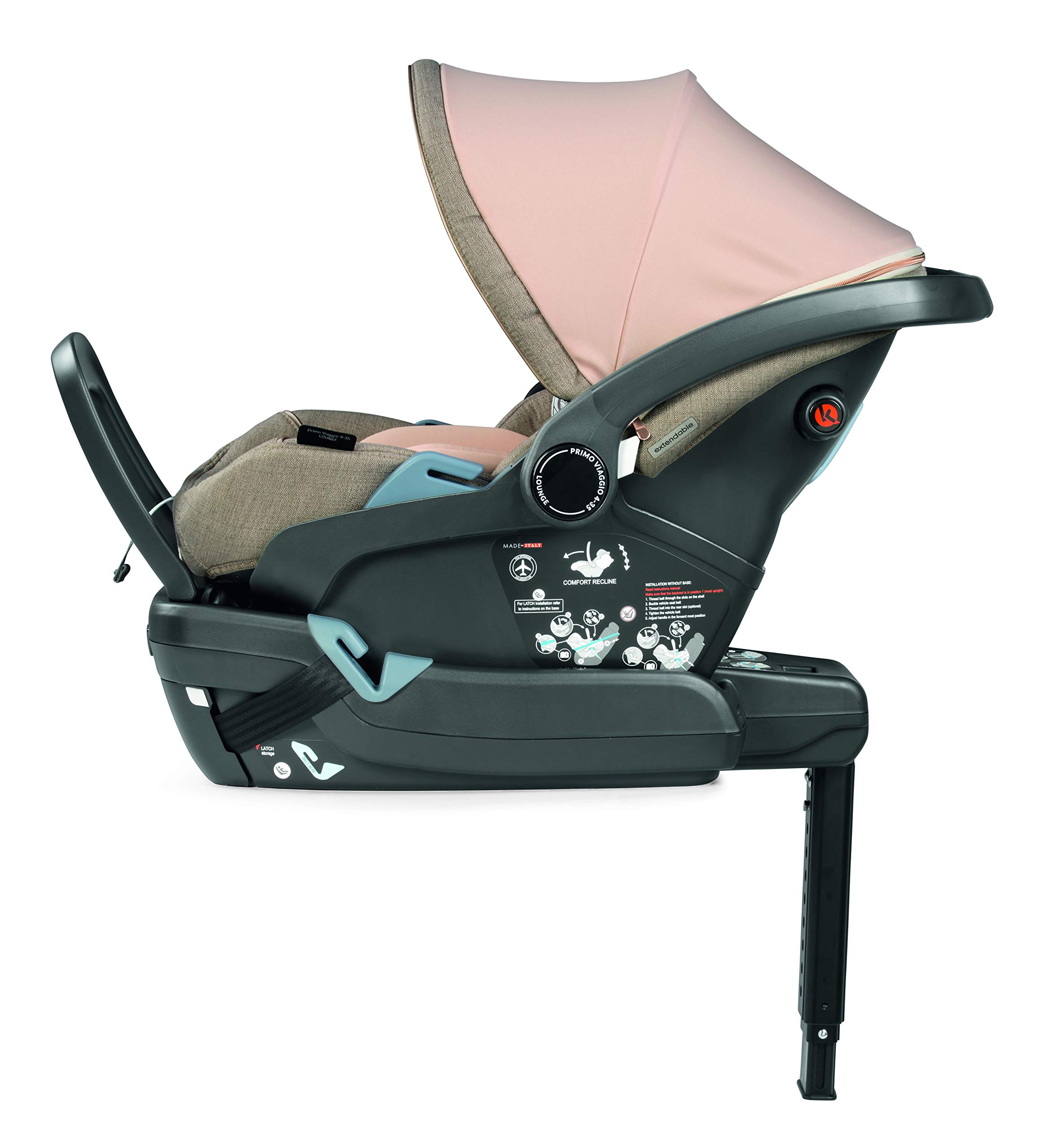 Peg Perego Primo Viaggio 4-35 Lounge - Reclining Rear Facing Infant Car Seat - Includes Base with Load Leg & Anti-Rebound Bar - for Babies 4 to 35 lbs - Made in Italy - Mon Amour (Pink & Beige)