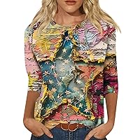 Funny 4th of July Shirts,Women Summer 3/4 Sleeve 4th of July Outfits Crewneck Blouses for Women Dressy Casual
