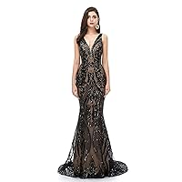 Womens Formal Evening Prom Gowns V Neck Open Back Mermaid Sequins Lace Long Homecoming Party Dresses