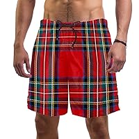Christmas Red Checked Pattern Quick Dry Swim Trunks Men's Swimwear Bathing Suit Mesh Lining Board Shorts with Pocket, L