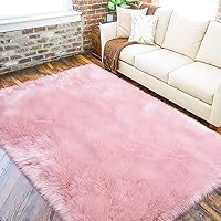 LOCHAS Soft Fluffy Pink Faux Fur Rugs for Bedroom Bedside Rug 4x6 Feet, Washable, Furry Sheepskin Area Rug for Living Room Girls Room, Luxury Shag Carpet Home Decor